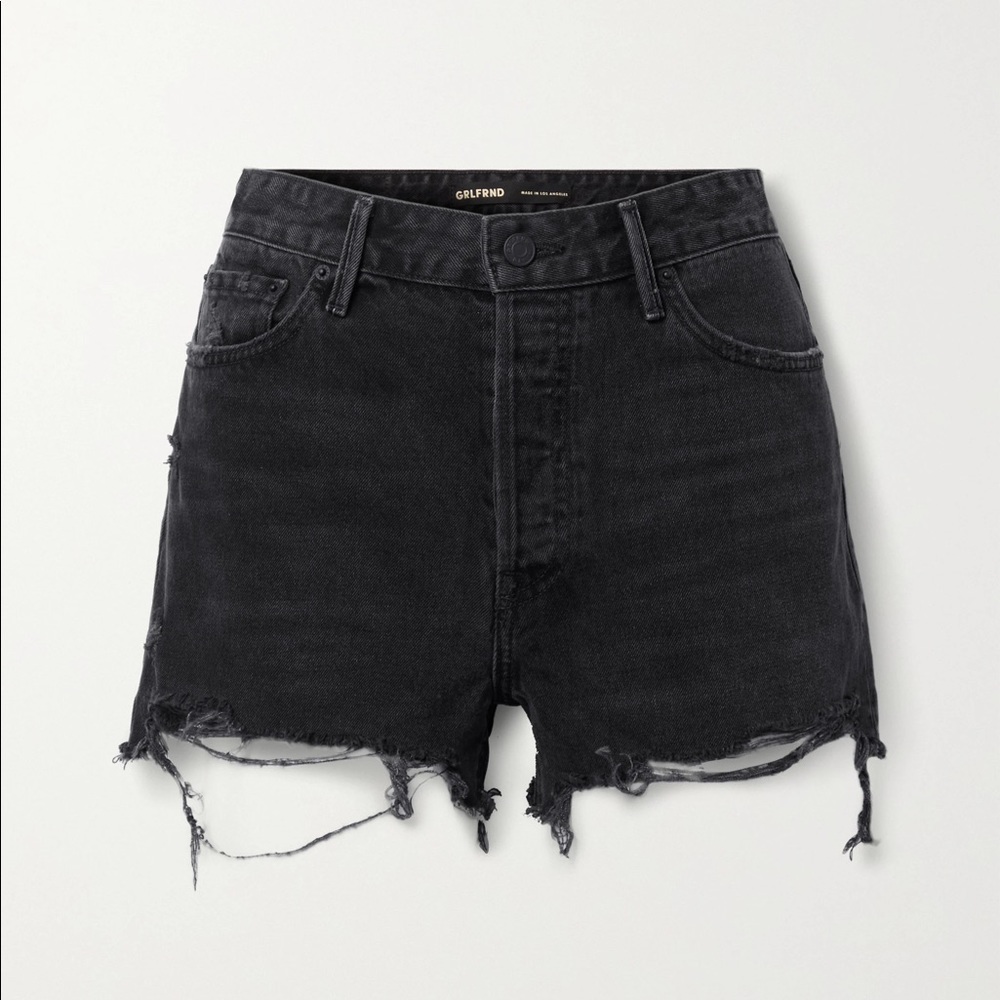 GRLFRND Helena distressed black denim shorts